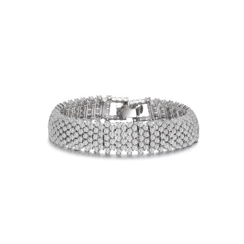 Sterling Silver with Rhodium Plated Clear Round Cubic Zirconia Five Row Bracelet
