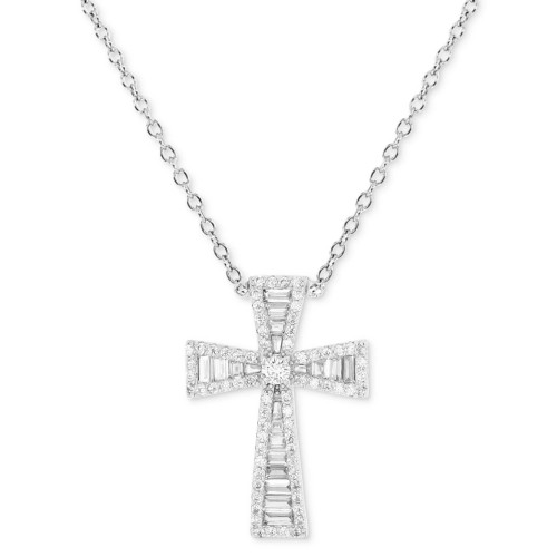 Cubic Zirconia Baguette & Round Cross 18" Pendant Necklace