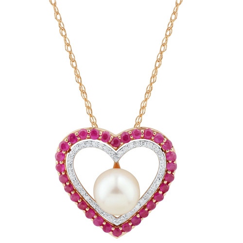 Cultured Freshwater Pearl (7mm), Ruby (5/8 ct. t.w.) & Diamond (1/10 ct. t.w.) Heart 18" Pendant Necklace in 14k Gold