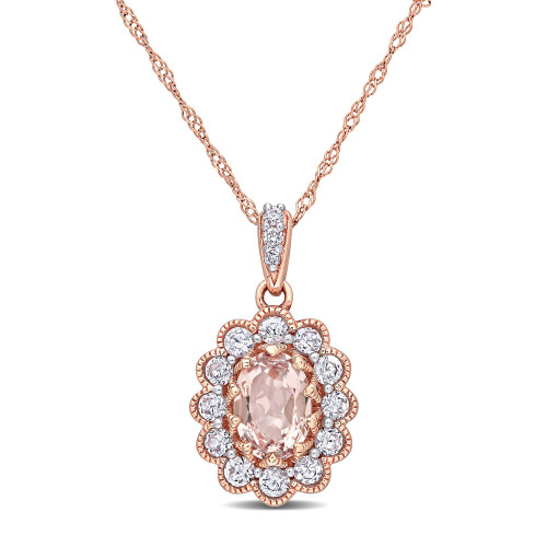 Morganite (3/4 ct. t.w.) White Sapphire (5/8 ct. t.w.) and Diamond (1/10 ct. t.w.) Floral 17" Necklace in 10k Rose Gold