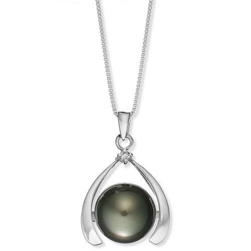 Sterling Silver Necklace, Cultured Tahitian Pearl (11mm) and Diamond Accent Pendant