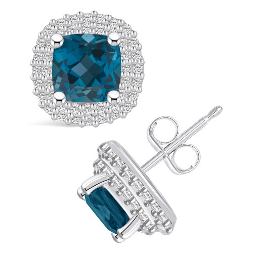 London Topaz (2-1/2 ct. t.w.) and Diamond (3/8 ct. t.w.) Halo Stud Earrings in 14K White Gold