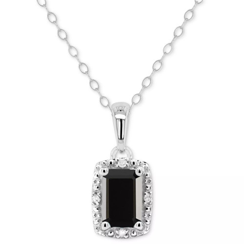 Labradorite & Diamond Accent Rectangle 18" Pendant Necklace in Sterling Silver (Also in Onyx, & Turquoise)