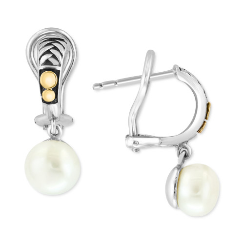 EFFY® Cultured Freshwater Pearl (8mm) Dangle Hoop Earrings in Sterling Silver & 18k Gold