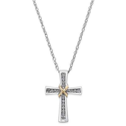 Diamond Cross Pendant Necklace (1/10 ct. t.w.) in Sterling Silver and 14k Gold-Plate