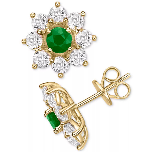 Emerald (1/2 ct. t.w.) & White Topaz (1-3/4 ct. t.w.) Flower Stud Earrings in Gold-Plated Sterling Silver (Also in Ruby)