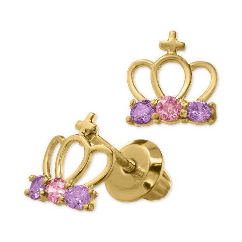 Children's Cubic Zirconia Tiara Safety-Back Earrings in 14k Gold