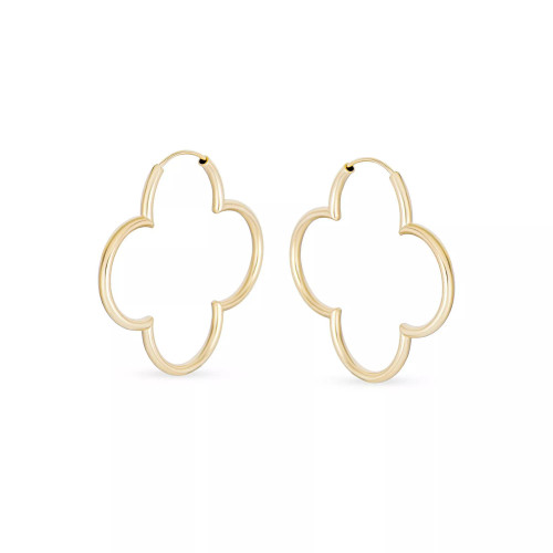 Simple Clover Flower Shaped Thin Tube Endless Hoop Earrings For Women Polished .925 Sterling Silver 1.5 In Diameter