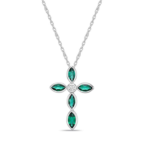 Sterling Silver Simple 1 1/4 (ct. t. w.) Created Green Emerald and Created White Sapphire Marquise Bezel Set Cross Pendant Necklace
