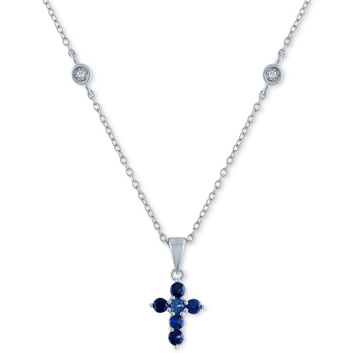 Lab-Created Sapphire (5/8 ct. t.w.) & Diamond Accent Cross Pendant Necklace in Sterling Silver, 16" + 2" extender