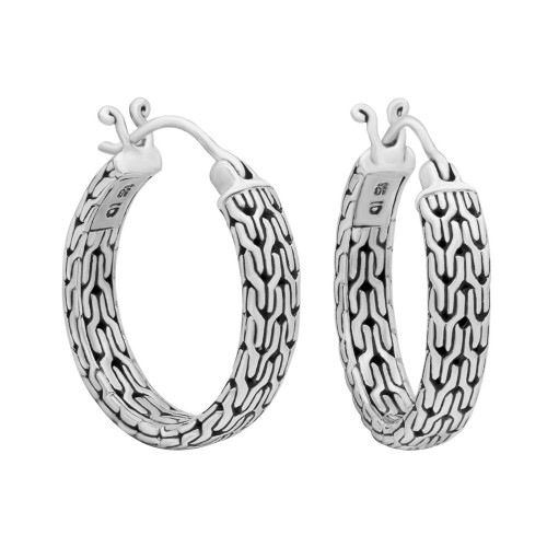 Bali Filigree Dragon Bone Hoop Earrings in Sterling Silver