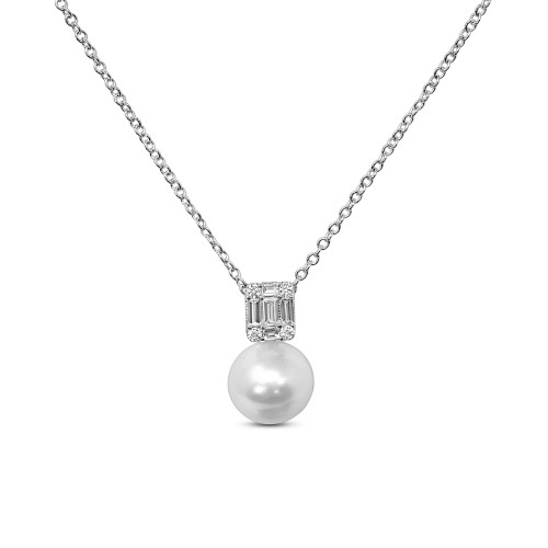 Cultured Freshwater Pearl (9mm) & Cubic Zirconia Baguette Cluster 18" Pendant Necklace in Sterling Silver