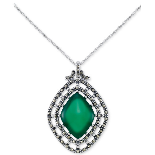 Green Agate (10 ct. t.w.) & Marcasite Framed 18" Pendant Necklace in Sterling Silver