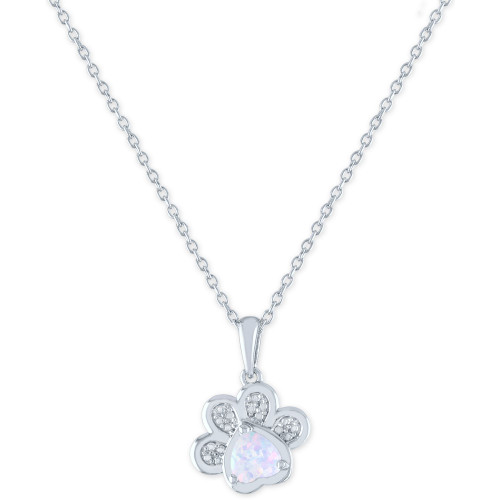 Lab-Created Opal (5mm) and Diamond Accent Paw Print Pendant Necklace in Sterling Silver, 16" + 2" extender
