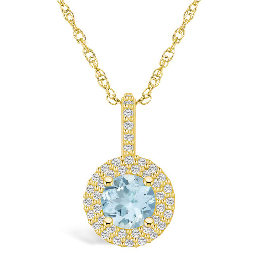 Aquamarine (1-1/4 Ct. T.W.) and Diamond (3/8 Ct. T.W.) Halo Pendant Necklace in 14K Yellow Gold