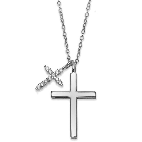 Cubic Zirconia Double Cross 18" Pendant Necklace in Sterling Silver