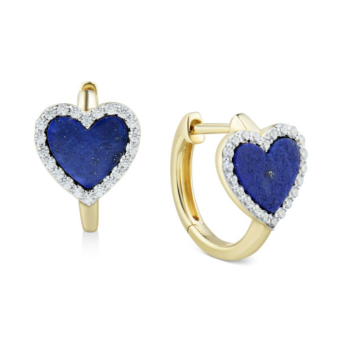 Lapis Lazuli & White Topaz (1/5 ct. t.w.) Heart Huggie Hoop Earrings in 10k Gold (Also in Malachite)