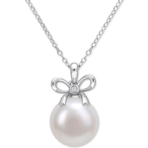 Cultured Freshwater Pearl (12mm) & Lab-Created White Sapphire Accent Bow 18" Pendant Necklace in Sterling Silver