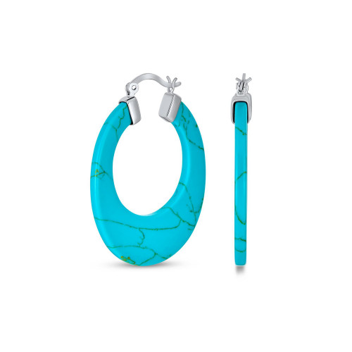 Wide Flat Blue Turquoise Gemstone Large Oval Hoop Earrings For Women Teen .925 Sterling Silver More Colors 1.5" Diameter