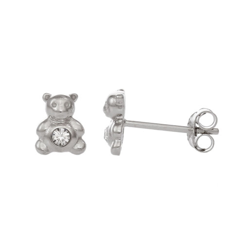 Women's Sterling Silver Teddy Bear Stud Earrings with Crystal Stone Accents