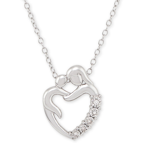 Diamond Accent Mother & Child 18" Pendant Necklace in Sterling Silver