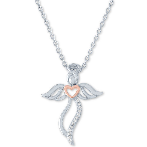 Diamond Accent Angel 18" Pendant Necklace in Sterling Silver & 14k Rose Gold-Plate