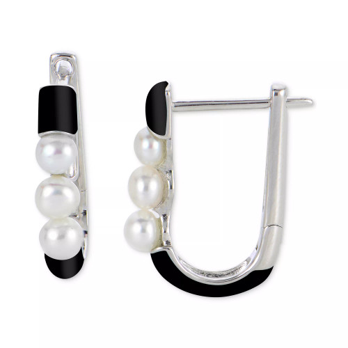 Cultured Freshwater Pearl (3-1/2 - 4mm) & Enamel Oval Hoop Earrings in Sterling Silver