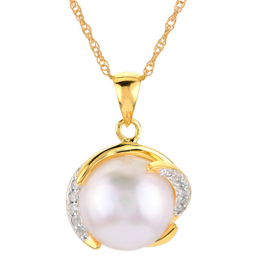 Cultured Freshwater Pearl (10mm) & White Topaz (1/6 ct. t.w.) 18" Pendant Necklace in 14k Gold-Plated Sterling Silver