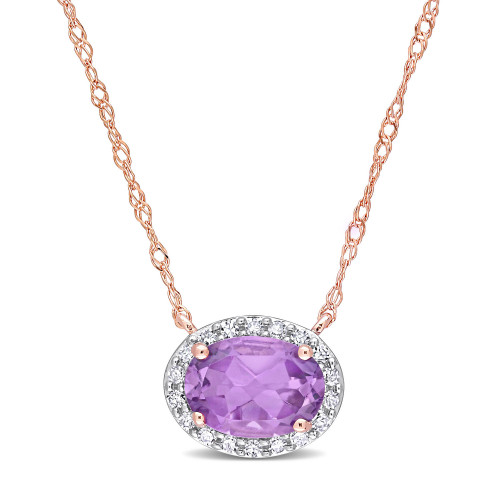 10K Rose Gold Plated Amethyst and Diamond Oval Halo Necklace