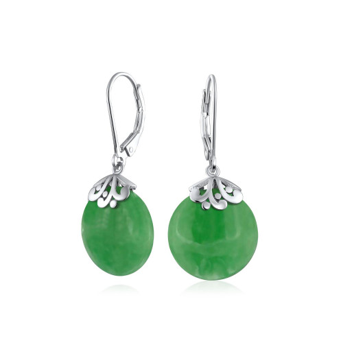 Western Style Filigree Lever Back Gemstones Green Dyed Jade Flat Round Circle Disc Dangle Drops Earrings For Women .925 Sterling Silver