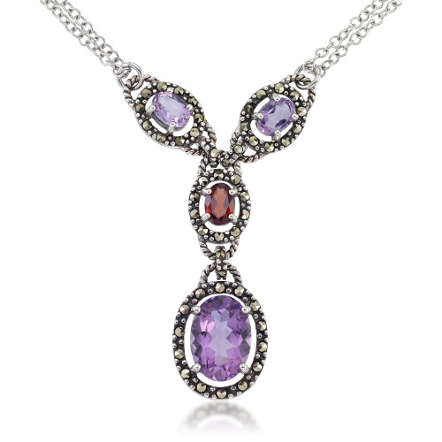Amethyst (5-1/2 ct. t.w.) & Garnet (1 ct. t.w.) Marcasite Lariat 16"+2" Extender Necklace in Sterling Silver