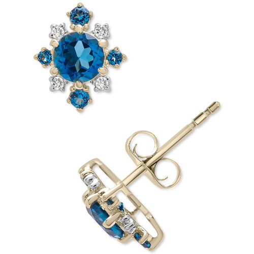 London Blue Topaz (1-1/2 ct. t.w.) & Diamond (1/10 ct. t.w.) Flower Cluster Stud Earrings in 14k Gold