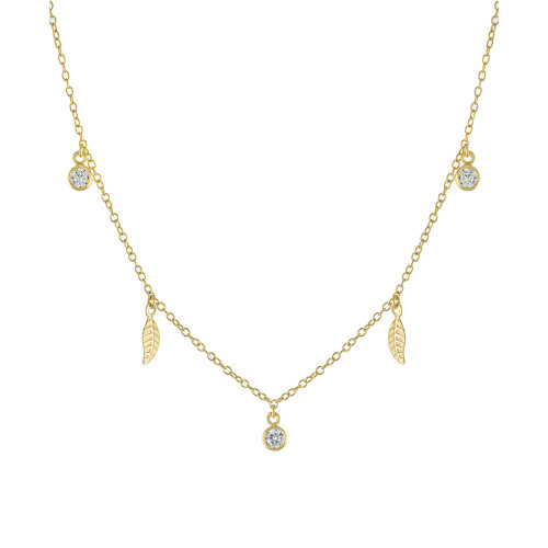 Cubic Zirconia and Leaves Dangle 16" + 2" Necklace in Gold Over Sterling Silver