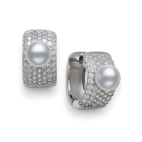 Cultured Freshwater Pearl 6-6.5mm and Cubic Zirconia Huggie Earrings in Sterling Silver