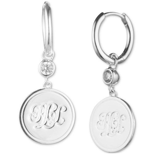 Cubic Zirconia Logo Coin Drop Earrings in Sterling Silver