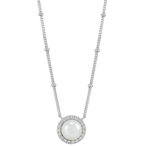 Cultured Freshwater Button Pearl (8mm) & Cubic Zirconia Halo Pendant Necklace in Sterling Silver, 16" + 2" extender