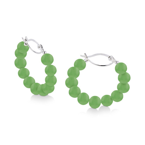 Dyed Green Jade Bead Small Hoop Earrings in Sterling Silver