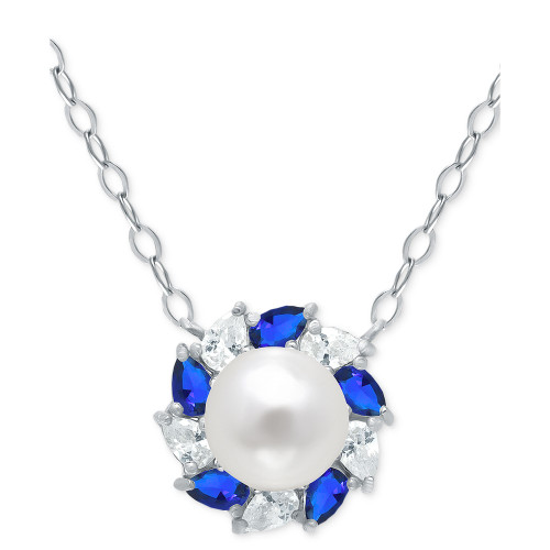 Freshwater Pearl (6mm), Lab-Created Blue Sapphire (1/6 ct. t.w.), & Cubic Zirconia Halo Pendant Necklace in Sterling Silver, 16" + 2" extender, Created for Macy's
