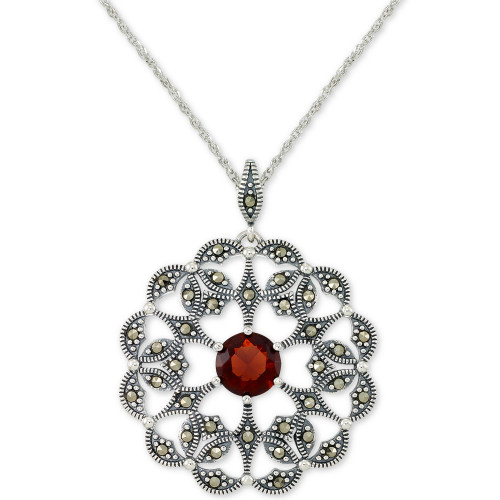 Rhodolite Garnet (2 ct. t.w.) & Marcasite Flower 18" Pendant Necklace in Sterling Silver