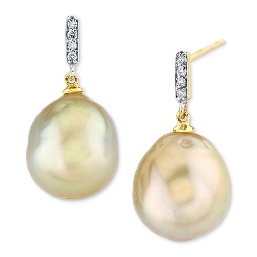 Cultured Golden South Sea Baroque Pearl (11mm) & Diamond Accent Drop Earrings in 10k Gold