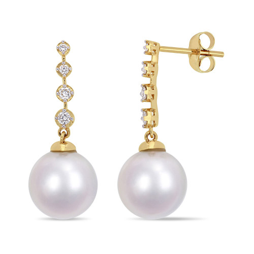 South Sea Cultured Pearl (10-10.5mm) and Diamond (1/6 ct. t.w.) Dangle Earrings in 14k Yellow Gold