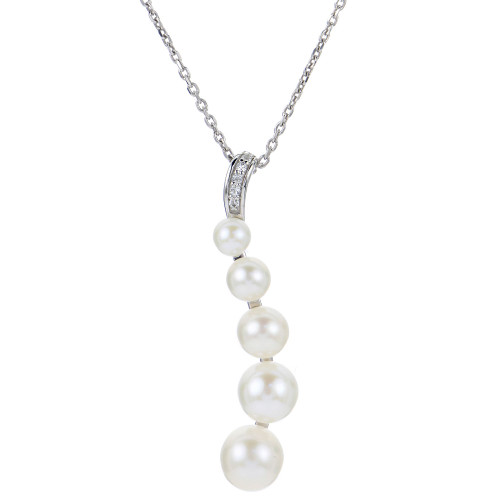 Cultured Freshwater Pearl (3-1/2 - 7-1/2mm) & White Topaz Graduated (1/4 ct. t.w.) Pendant Necklace in Sterling Silver, 16" + 2" extender