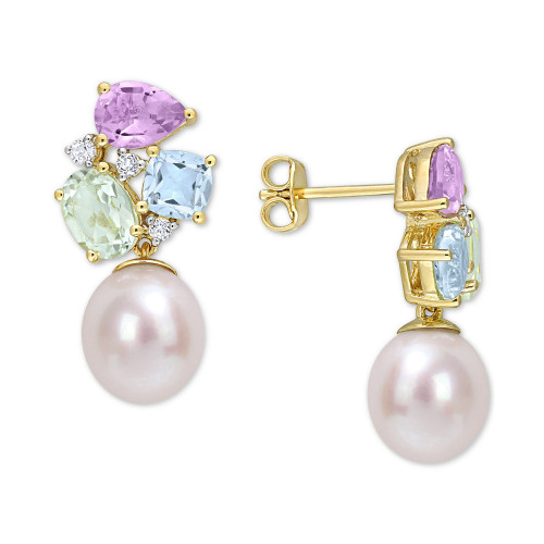 Cultured Freshwater Pearl (9mm) & Multi-Gemstone (4-3/4 ct. t.w.) Drop Earrings in 18k Gold-Plated Sterling Silver