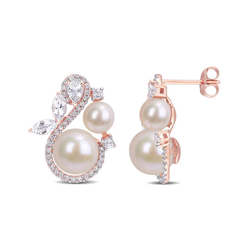 Freshwater Cultured Pearl, White Topaz (1 1/8 ct. t.w.) and Diamond (1/3 ct. t.w.) Swan Earrings in 10k Rose Gold