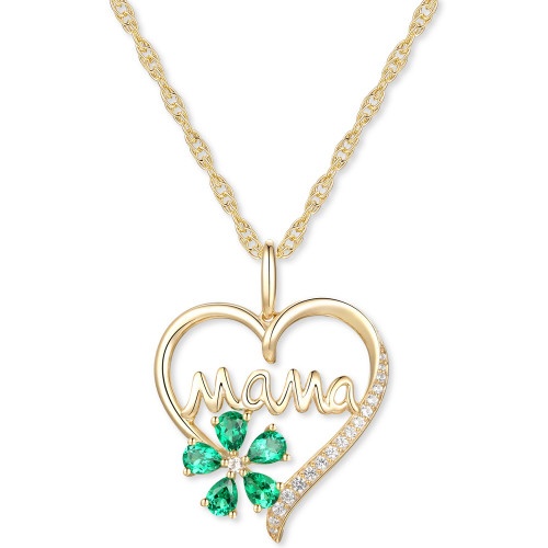 Lab-Created Emerald (5/8 ct. t.w.) & Lab-Created White Sapphire (1/10 ct. t.w.) Mama 18" Pendant Necklace in 10k Gold