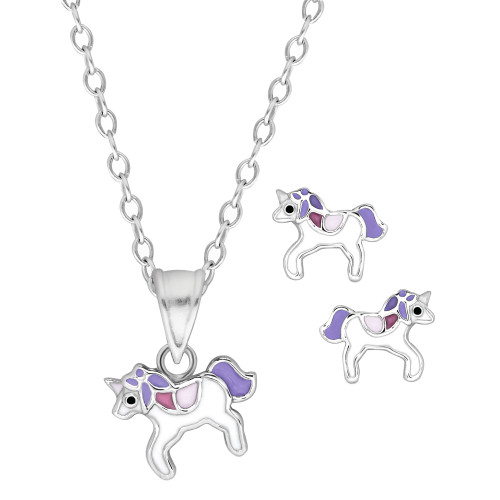 Children's  Purple Unicorn Pendant  Stud Earrings Set in Sterling Silver