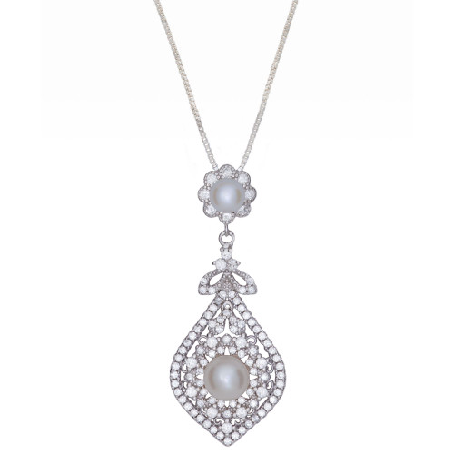 Cultured Freshwater Pearl (4 & 6mm) & Cubic Zirconia Vintage Filigree 18" Pendant Necklace in Sterling Silver