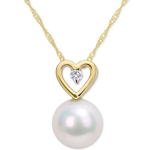 Cultured Freshwater Pearl (9-1/2mm) & Diamond (1/20 ct. t.w.) Heart 17" Pendant Necklace in 10k Gold