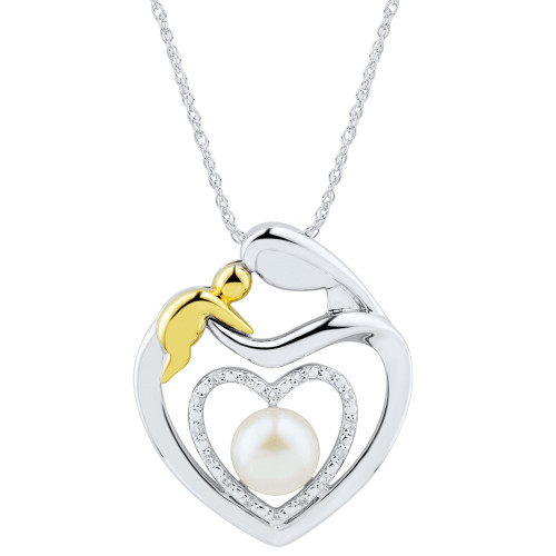 Cultured Freshwater Pearl (6mm) & Diamond Accent Mother & Child Heart Pendant Necklace (16" + 2" extender) in Sterling Silver & 14k Gold-Plated