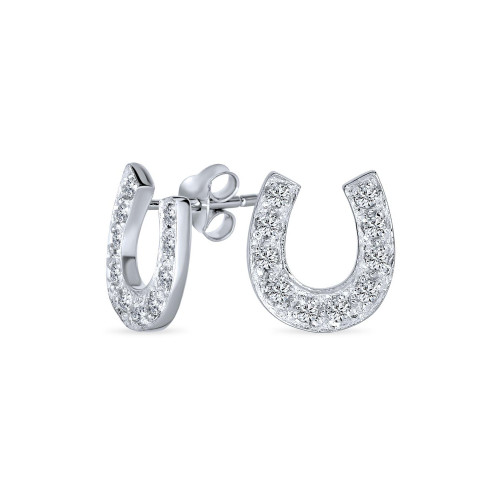 Good Luck Horseshoe Equestrian Cubic Zirconia Pave CZ Stud Earrings Western Jewelry For Women Teen Graduation .925 Sterling Silver